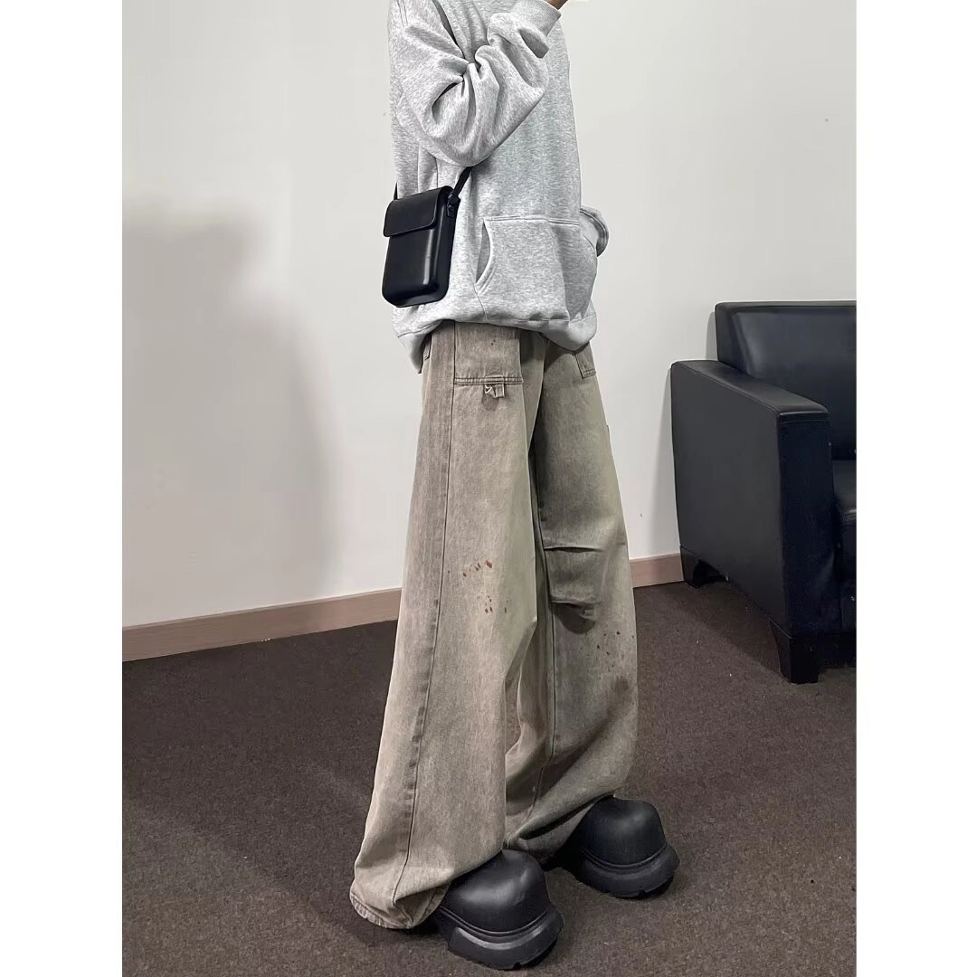洞洞拐 水洗泼墨裤美式复古宽松休闲褶皱做旧水墨痞帅阔腿直筒裤牛仔裤 男女同款