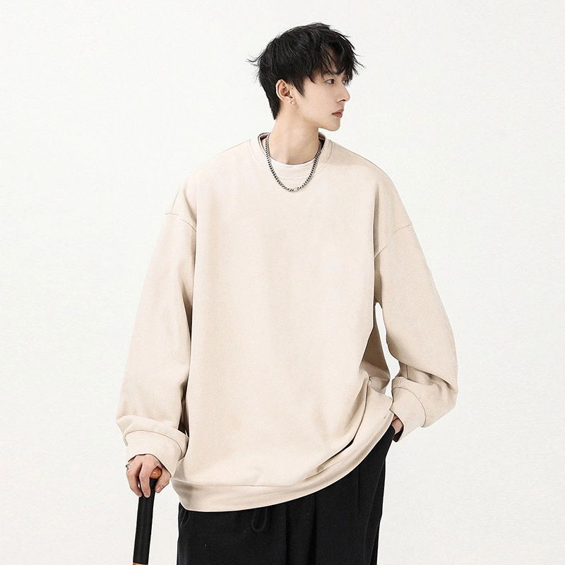 洞洞拐 麂皮绒重磅宽松大码内搭上衣服男生圆领长袖打底衫卫衣 男女同款