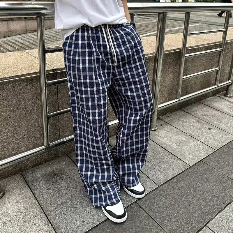 洞洞拐 垂感格子裤美式复古薄款直筒裤子慵懒风阔腿休闲裤 男女同款