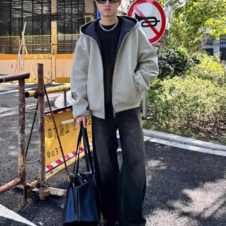 洞洞拐 美式高街硬挺双拉链连帽开衫高级感两面穿廓形外套百搭卫衣 男女同款