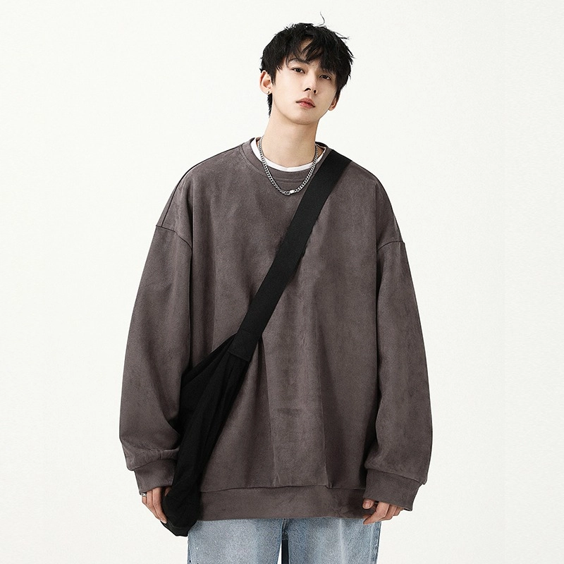 洞洞拐 麂皮绒重磅宽松大码内搭上衣服男生圆领长袖打底衫卫衣 男女同款