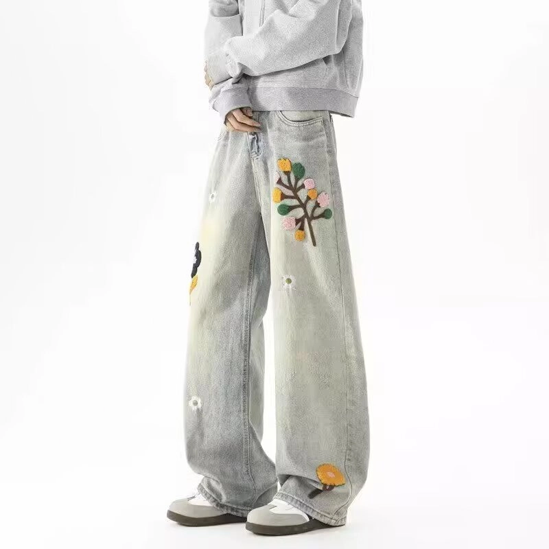 洞洞拐 花朵绣花无品牌潮流气质流行简约文艺日系牛仔裤 男女同款