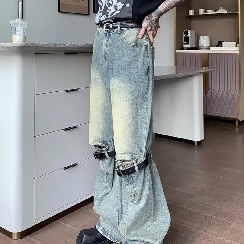 洞洞拐 小众复古做旧微喇高腰立体拼接设计休闲裤百搭长裤牛仔裤 男女同款