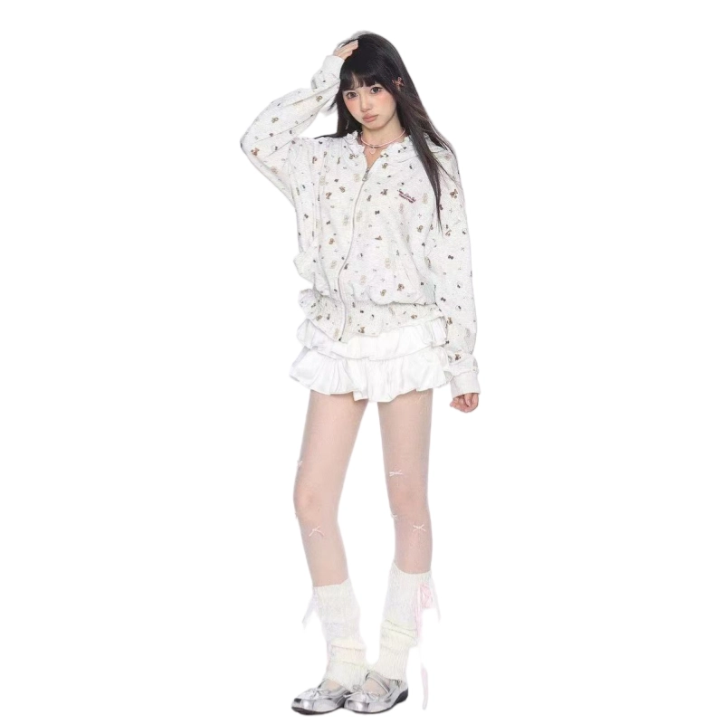 望莱仕 美式复古卡通满印褶皱连帽女秋季显瘦短款外套卫衣 女款