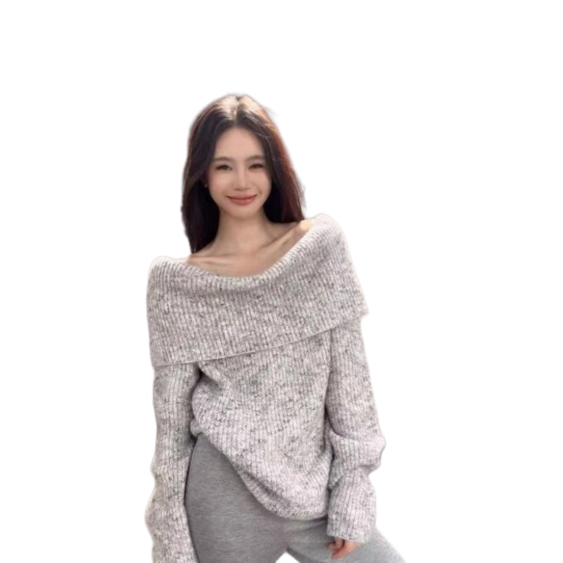 望莱仕 复古辣妹一字肩翻领女秋冬设计感软糯长袖上衣针织衫 女款