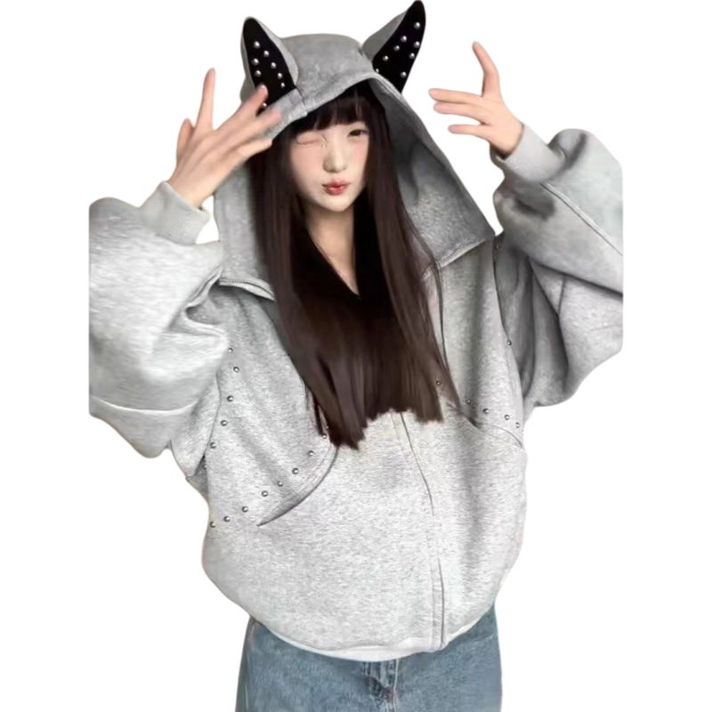 望莱仕 美式犬耳朵设计连帽女秋季钉珠宽松铆钉拼接开衫外套卫衣 女款