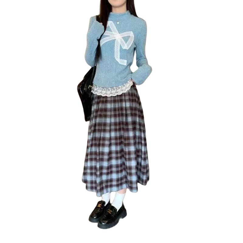 望莱仕 甜美风女减龄蕾丝蝴蝶结针织衫上衣春秋格子半身裙两件套裙装套装 女款