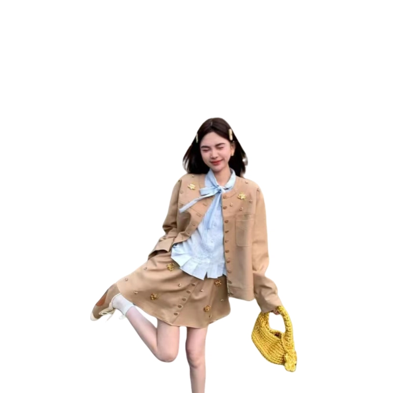 望莱仕 韩系千金风钉珠长袖夹克外套蝴蝶结衬衫上衣短裙三件套 裙装套装 女款