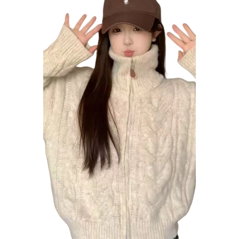 望莱仕 蕾朵高领麻花拉链开衫秋冬季加厚慵懒风外套针织衫 女款