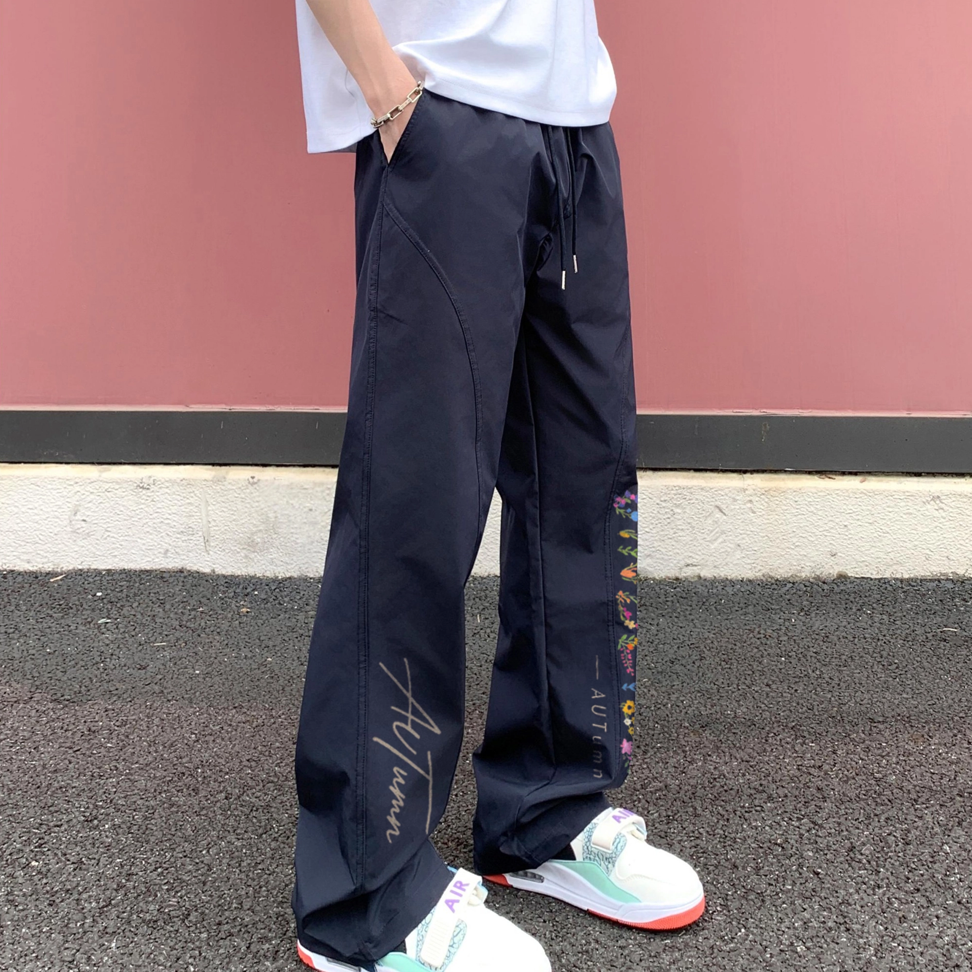 金贝勒 美式高街冰丝凉感花卉签名字体风基础款时尚百搭户外运动透气跑步日常通勤舒适宽松系带垂感无性别主义直筒休闲裤  男女同款