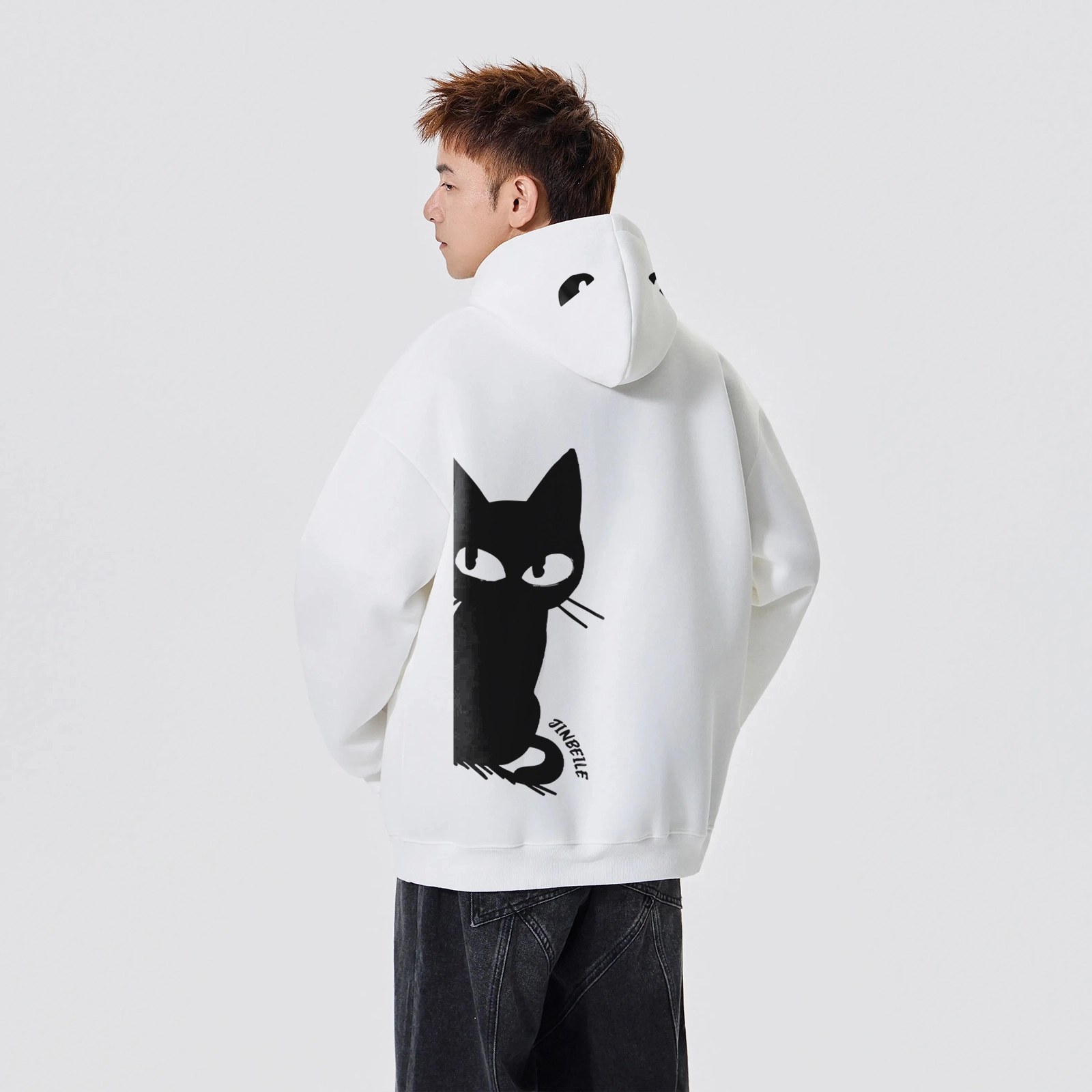 金贝勒 美式复古高街背后可爱猫咪印花宽松舒适趣味重磅连帽运动休闲套头户外通勤保暖上衣卫衣 男女同款