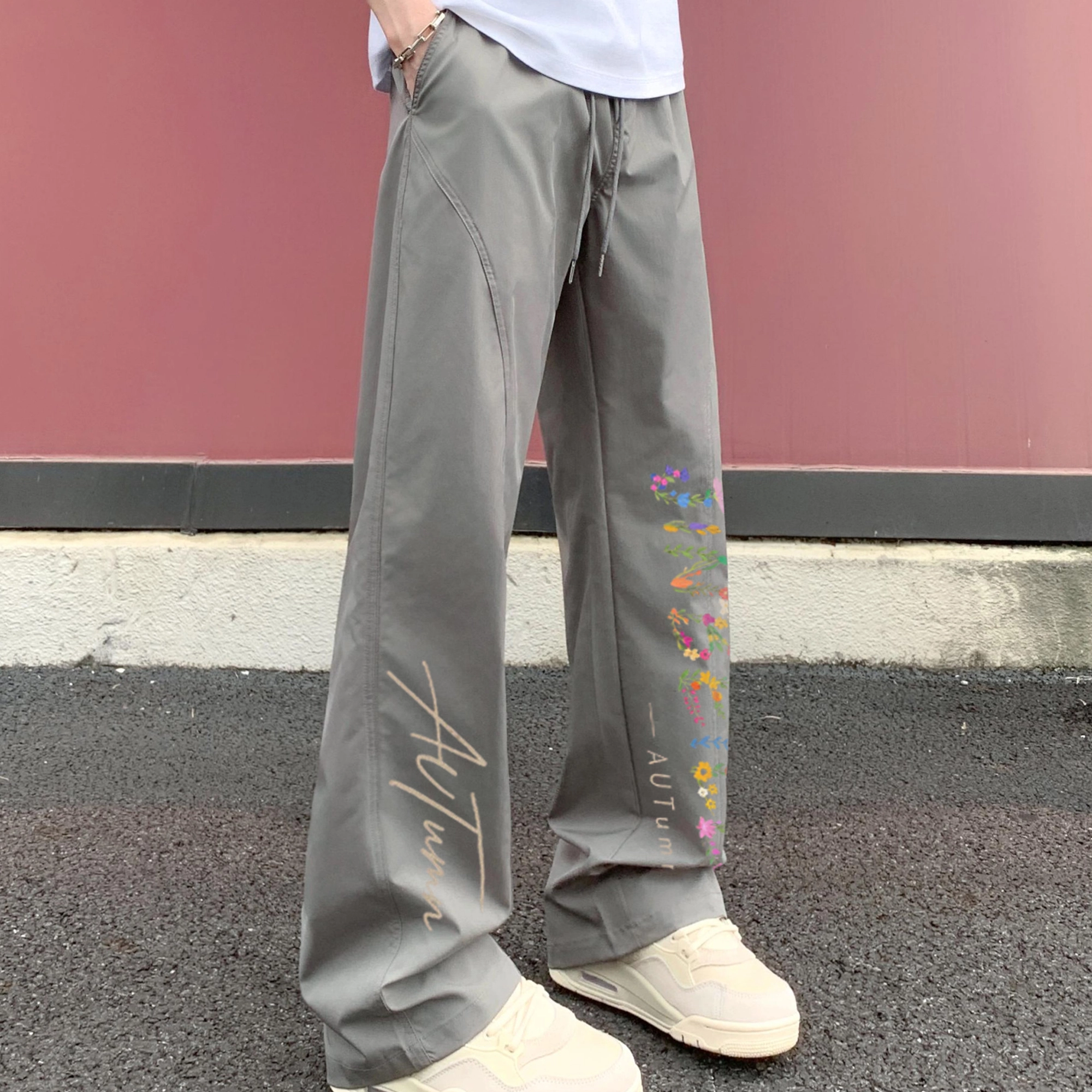 金贝勒 美式高街冰丝凉感花卉签名字体风基础款时尚百搭户外运动透气跑步日常通勤舒适宽松系带垂感无性别主义直筒休闲裤  男女同款