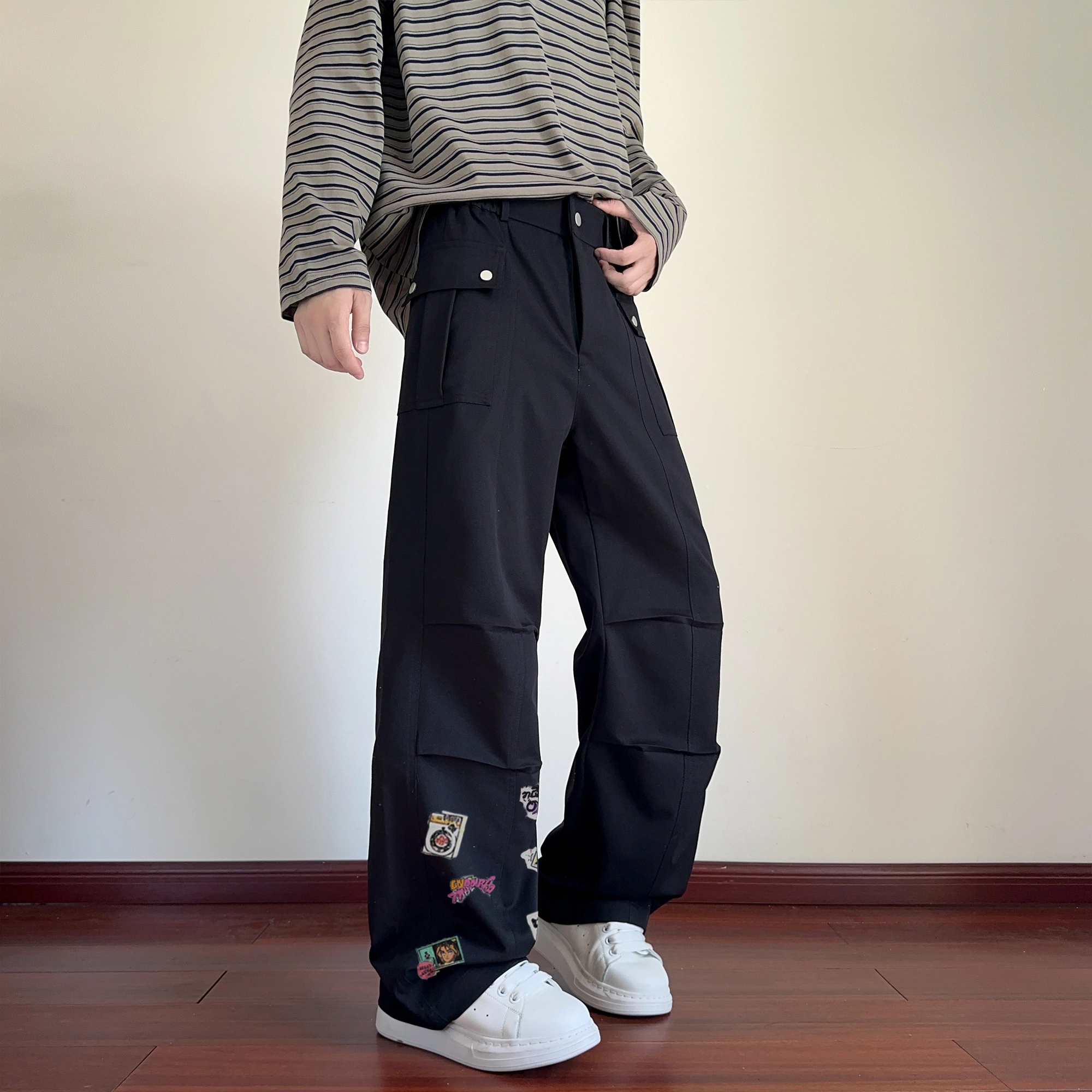 金贝勒 山系户外机能防风防水个性褶皱设计纯色多功能大口袋宽松直筒登山裤透气工装裤 男款