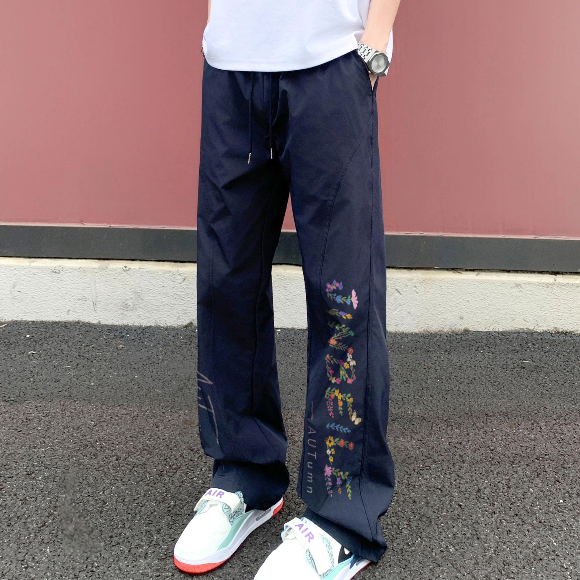 金贝勒 美式高街冰丝凉感花卉签名字体风基础款时尚百搭户外运动透气跑步日常通勤舒适宽松系带垂感无性别主义直筒休闲裤  男女同款