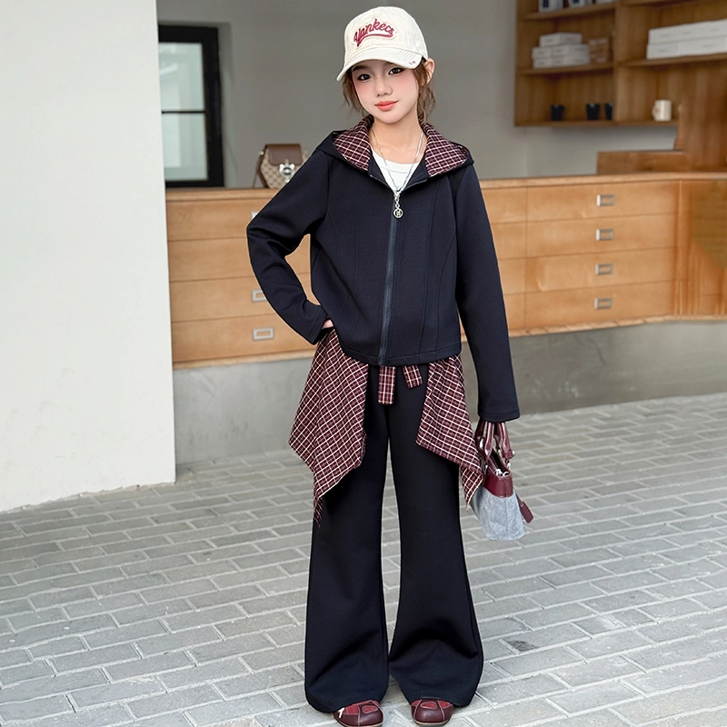 帕兰朵休闲运动套装 儿童喇叭裤秋季洋气时尚早秋女大童格子拼接三件 青少年
