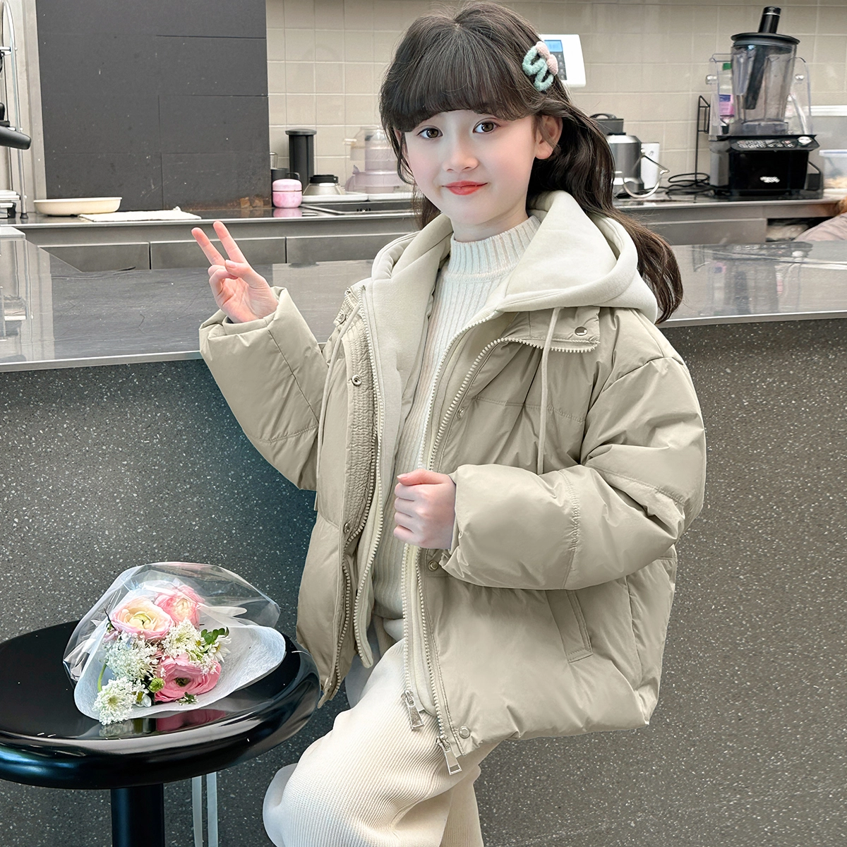 帕兰朵 棉衣 冬 女童韩版洋气假两件设计感棉服舒适轻盈简约百搭 青少年