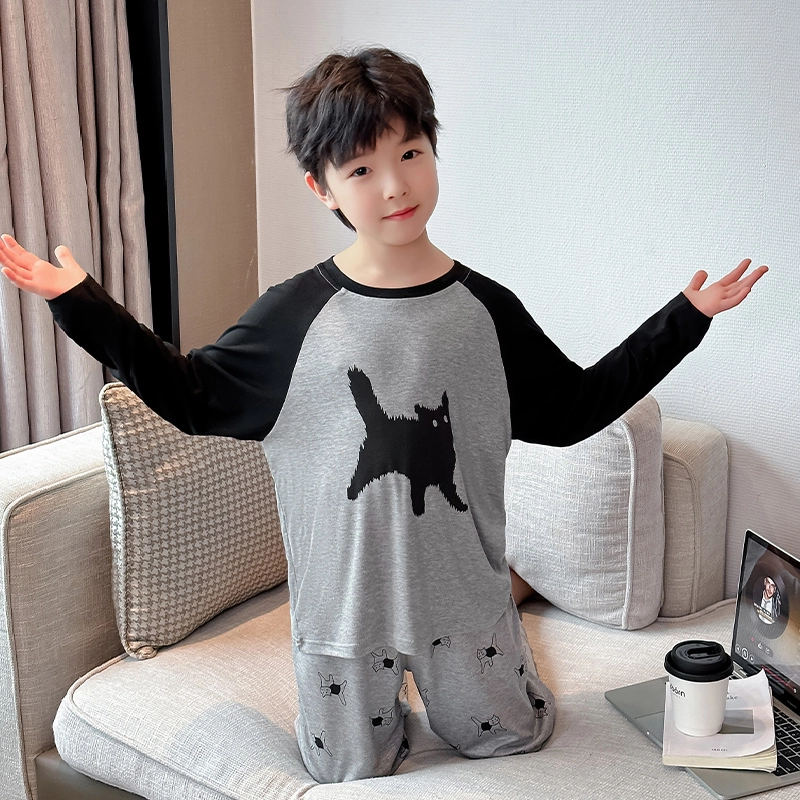 帕兰朵家居服套装 潮流洋气时尚百搭宽松舒适柔软亲肤男童黑猫睡衣两件套青少年