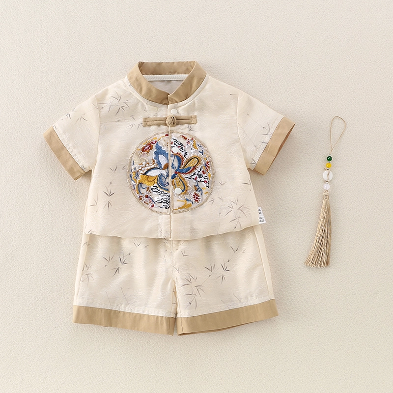 帕兰朵爬服 中式男童套装夏季宝宝洋气唐装周岁抓周礼服婴幼儿古风分体两件套