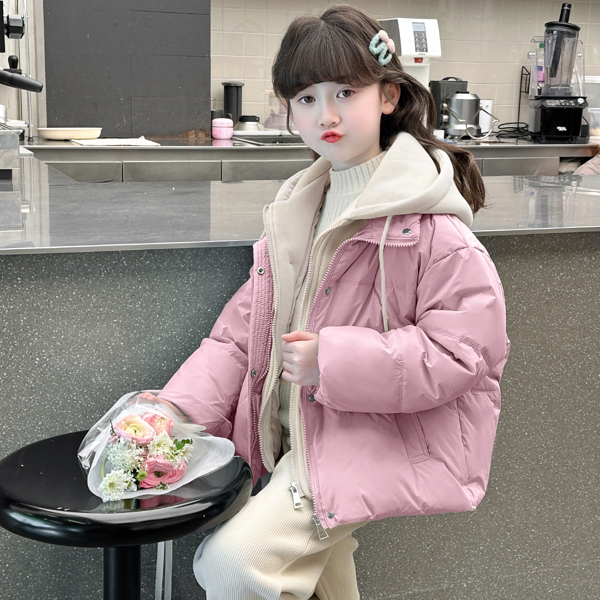 帕兰朵 棉衣 冬 女童韩版洋气假两件设计感棉服舒适轻盈简约百搭 青少年