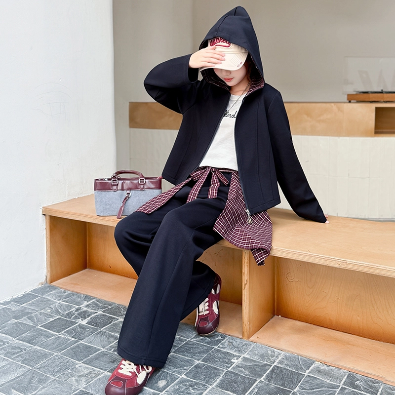 帕兰朵休闲运动套装 儿童喇叭裤秋季洋气时尚早秋女大童格子拼接三件 青少年