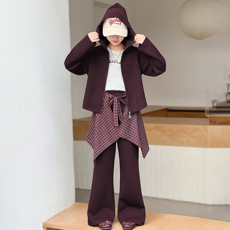 帕兰朵休闲运动套装 儿童喇叭裤秋季洋气时尚早秋女大童格子拼接三件 青少年