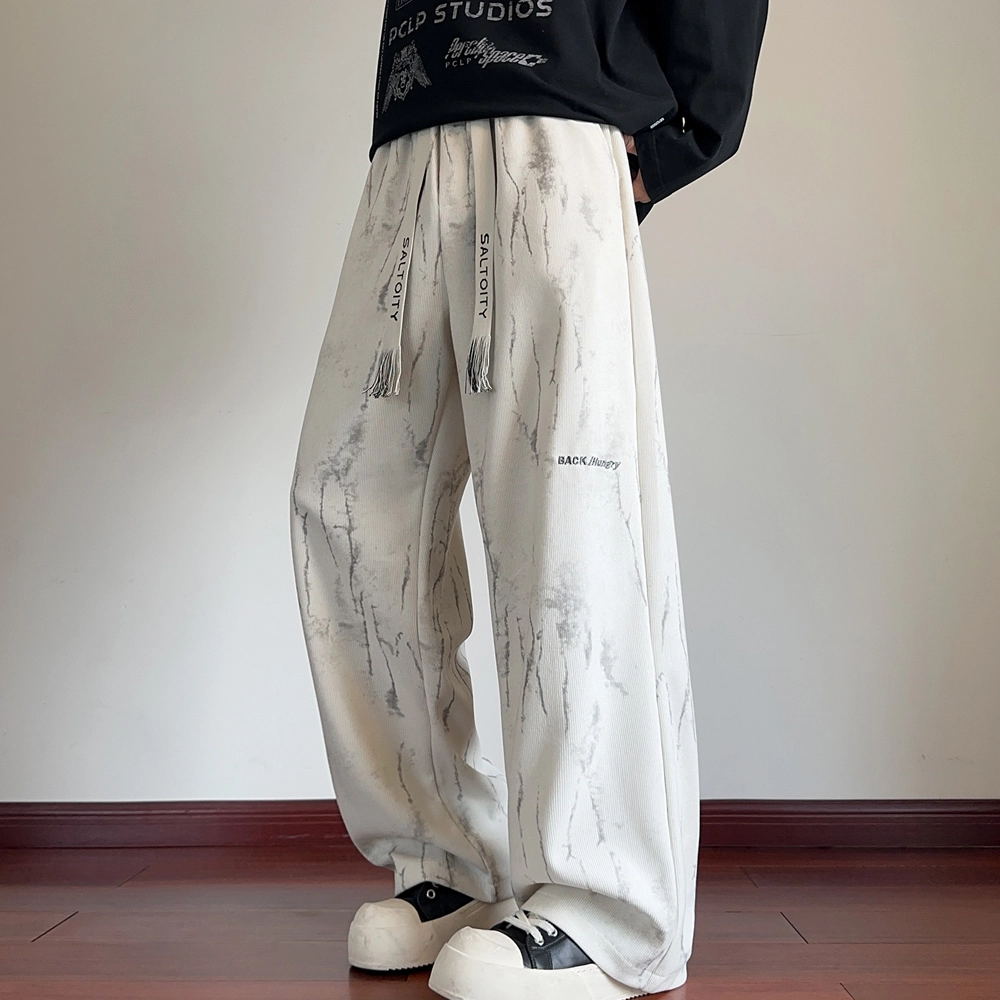 引创 美式扎染重磅痞帅潮牌裤子男秋季垂感直筒裤宽松复古长裤潮流阔腿裤休闲裤 男女同款