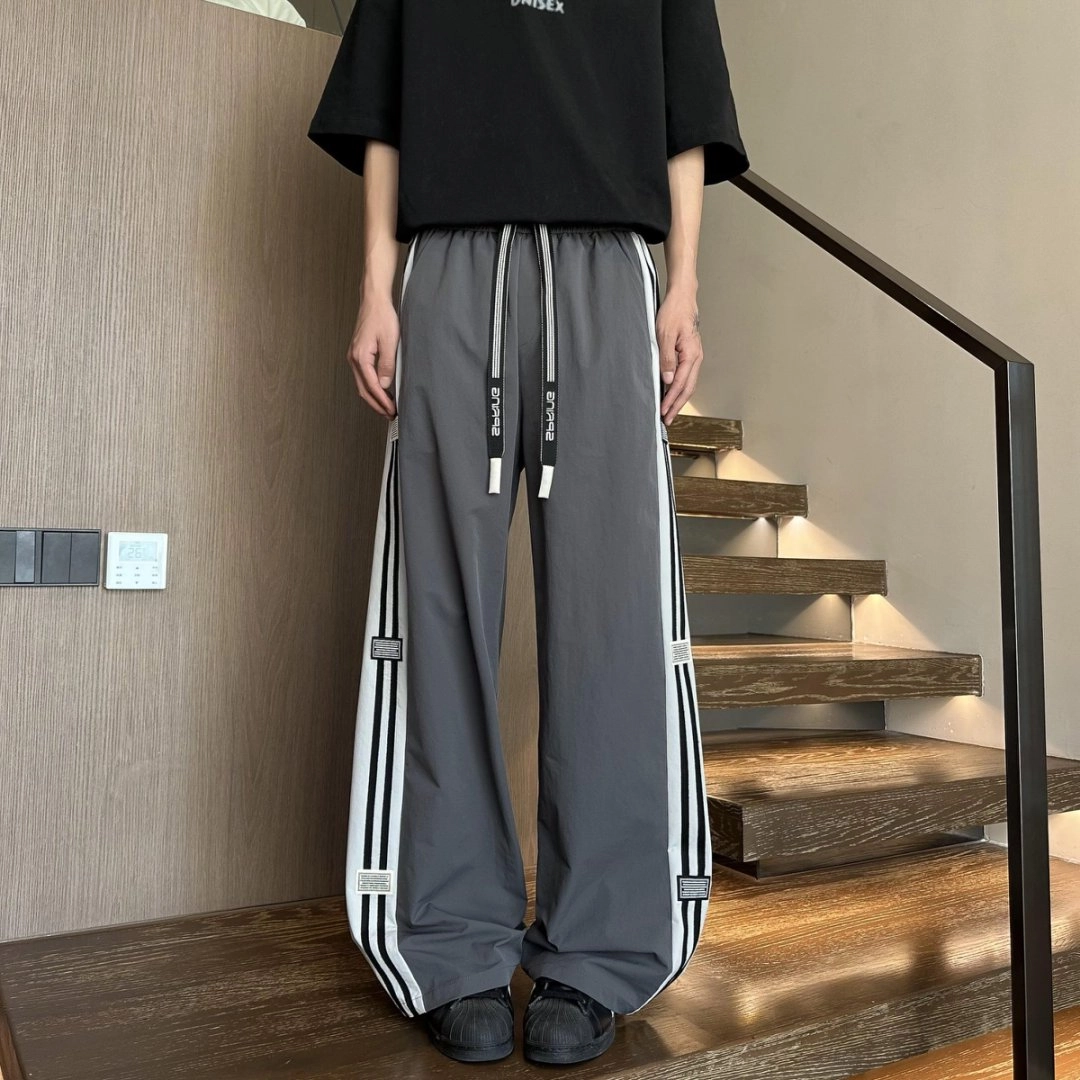 引创 秋季美式裤子男港风条纹直筒男潮牌宽松大码运动加长百搭休闲裤 男女同款
