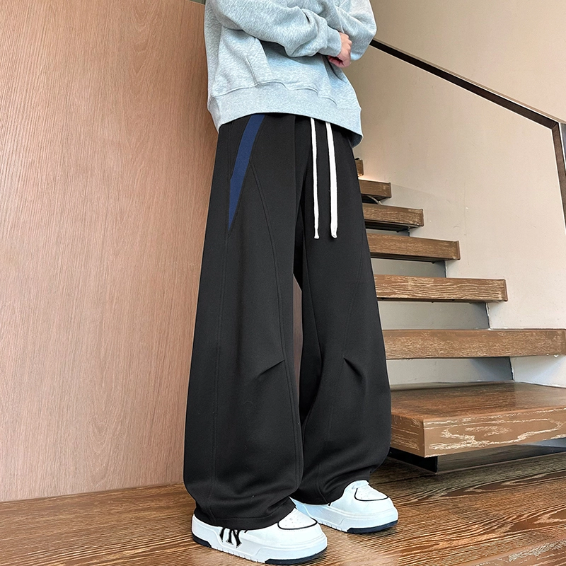 引创 裤子男运动时尚美式潮牌拼接卫裤男重磅宽松直筒显瘦弯刀裤休闲裤 男女同款
