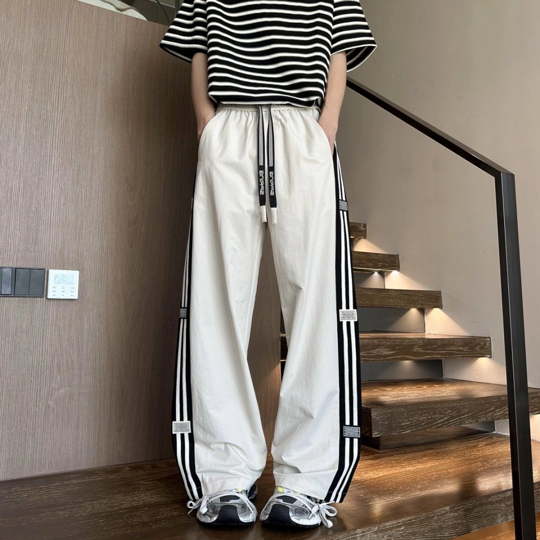 引创 秋季美式裤子男港风条纹直筒男潮牌宽松大码运动加长百搭休闲裤 男女同款