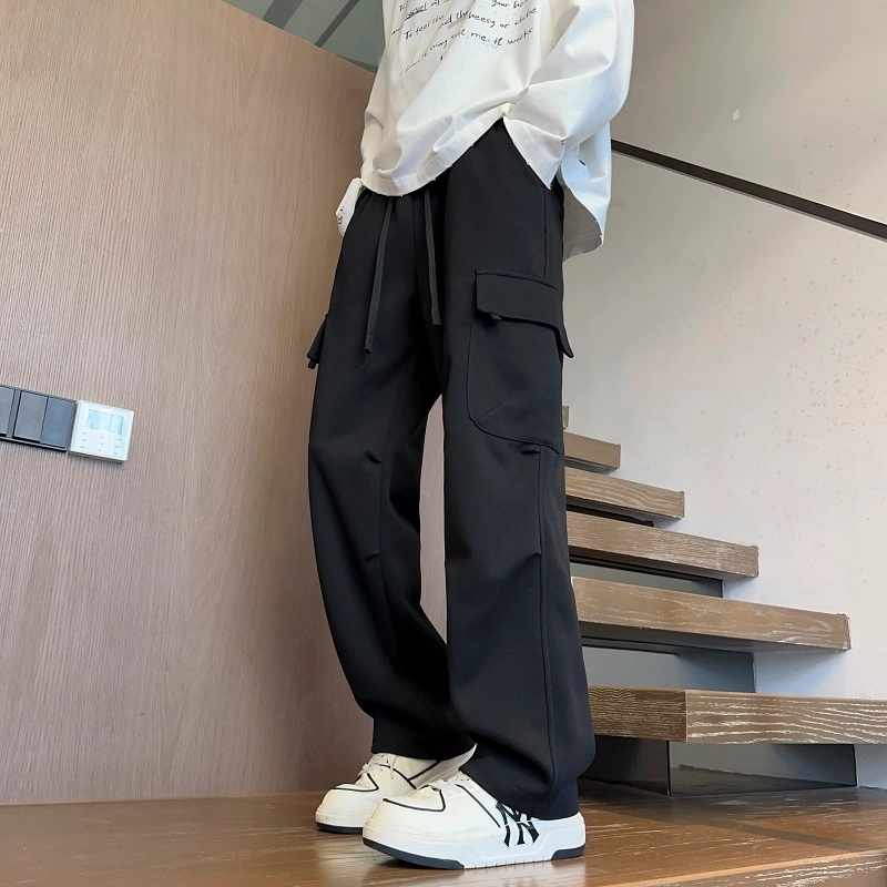 引创 直筒卫裤男生秋季潮牌宽松大口袋工装裤百搭褶皱加长阔腿运动裤子休闲裤 男女同款