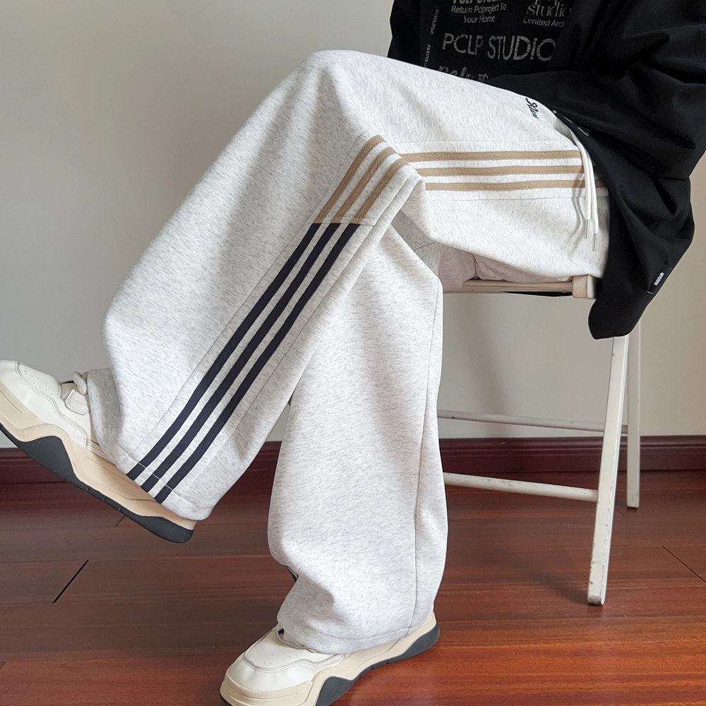 引创 撞色拼接条纹裤子男秋季潮牌青少年慵懒风宽松阔腿加长裤休闲裤 男女同款