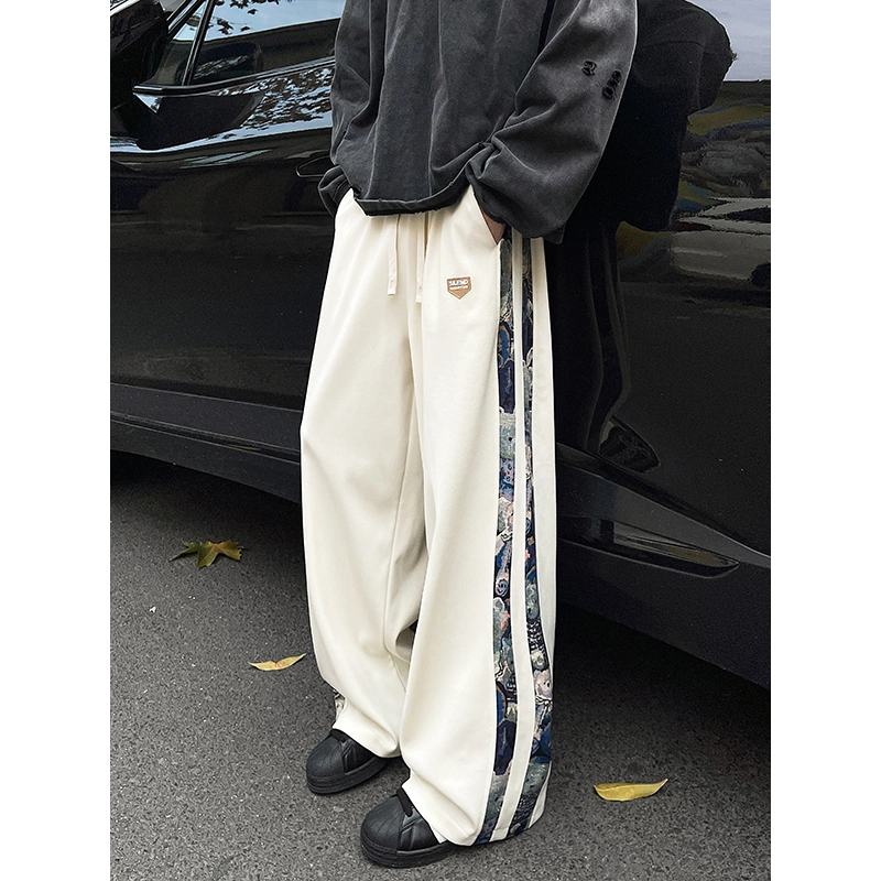 引创 高级感阔腿卫裤小众设计感小熊拼接裤子男大码宽松新中式休闲裤 男女同款