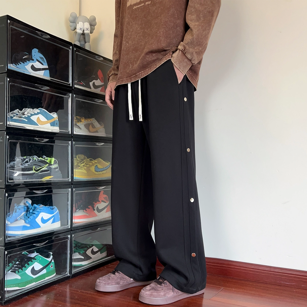 引创 裤子男士秋季百搭宽松潮牌运动卫裤美式堆积感加长排扣直筒长休闲裤 男女同款