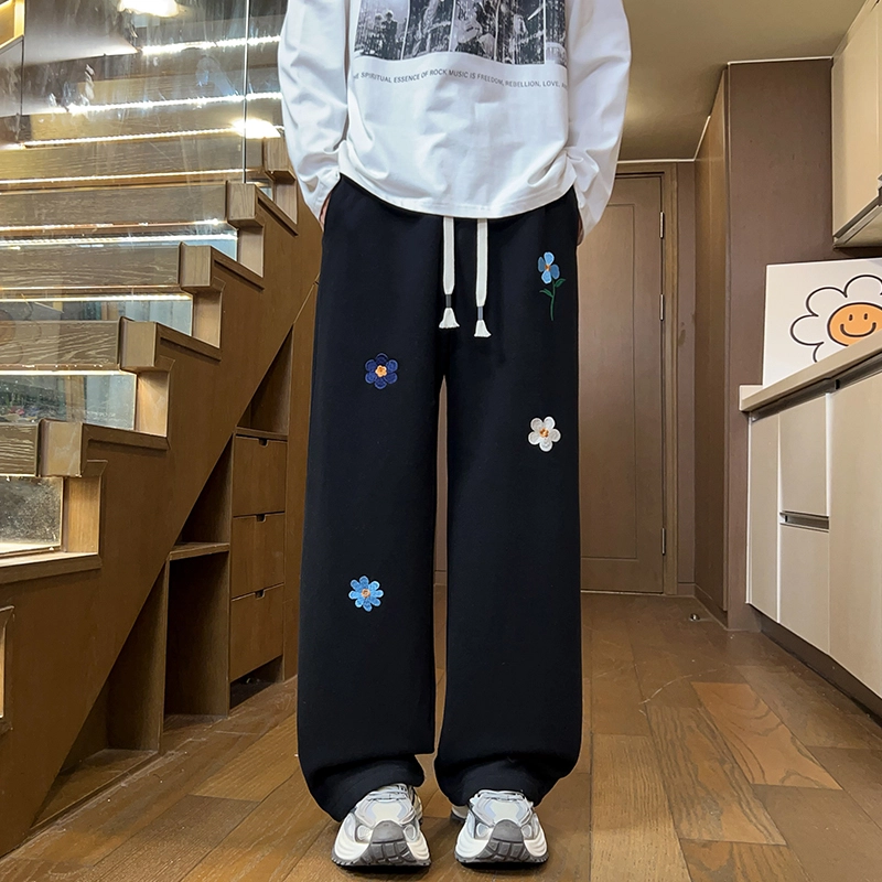 引创  美式重磅花卉刺绣垂感阔腿运动裤直筒宽松卫裤秋季时尚高级感复古纯色慵懒风裤子透气国潮百搭休暇裤 休闲裤 男女同款