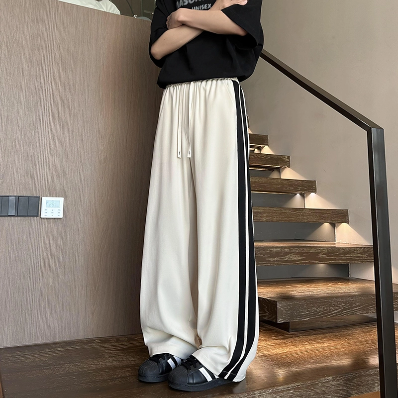 引创 秋季潮流垂感卫裤子男士款百搭条纹大码男生直筒运动加长宽松长裤休闲裤 男女同款