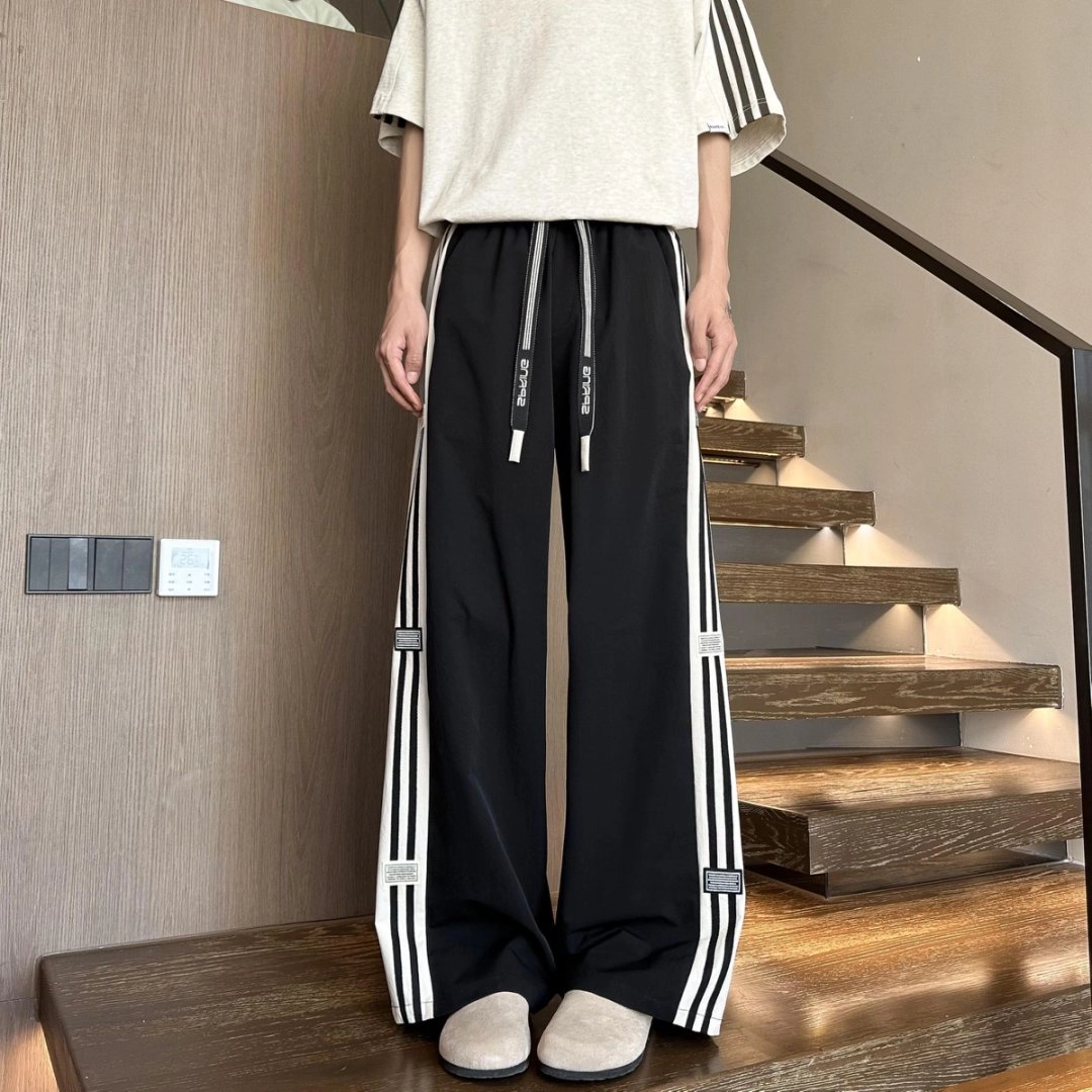 引创 秋季美式裤子男港风条纹直筒男潮牌宽松大码运动加长百搭休闲裤 男女同款