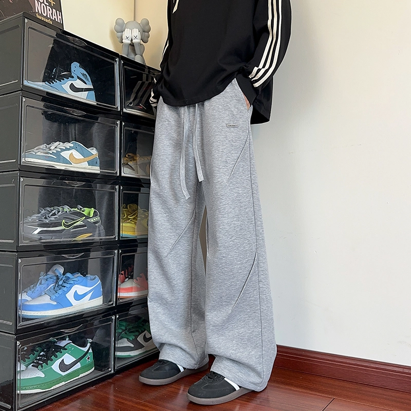 引创 褶皱设计拼接卫裤男秋冬季百搭潮牌直筒裤宽松显瘦显高裤子休闲裤 男女同款