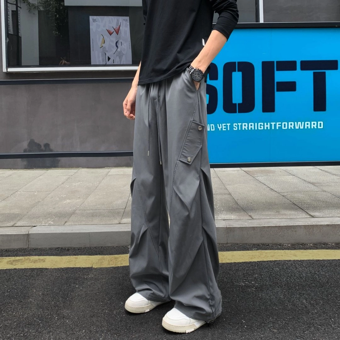 引创 秋装设计感褶皱堆积感加长裤男宽松大码工装裤垂感直筒裤百搭长裤子休闲裤 男女同款