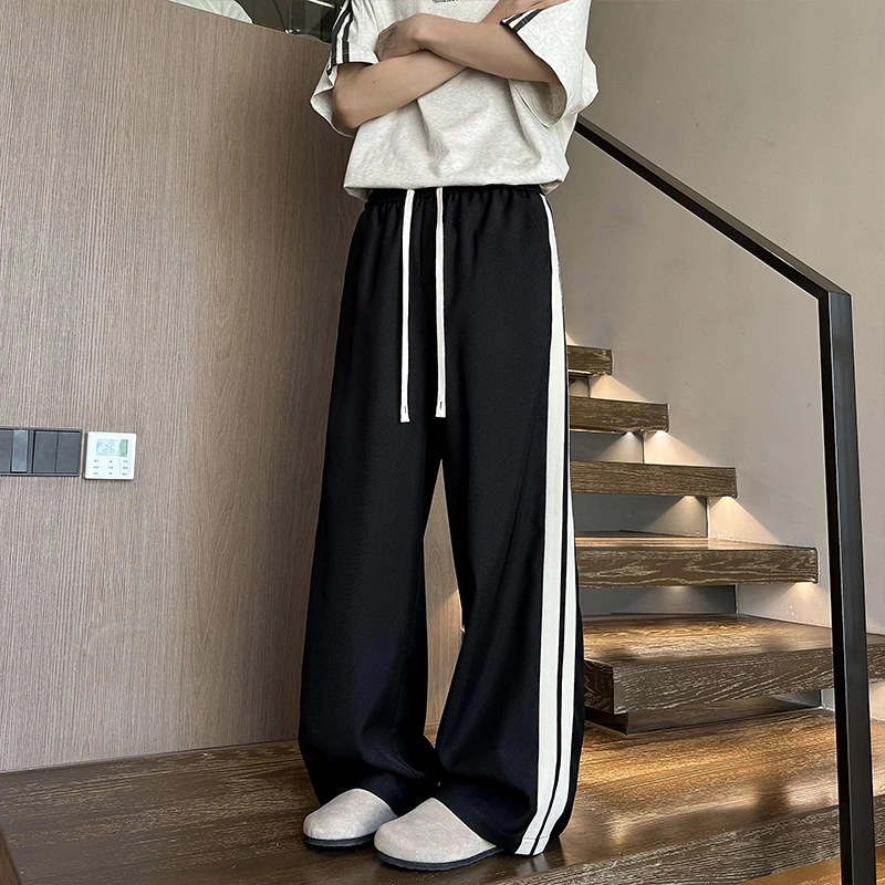 引创 秋季潮流垂感卫裤子男士款百搭条纹大码男生直筒运动加长宽松长裤休闲裤 男女同款