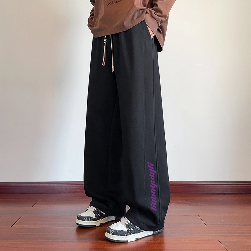 引创 垂感卫裤男重磅质感弯刀拼接印花秋季款宽松阔腿长裤休闲裤 男女同款