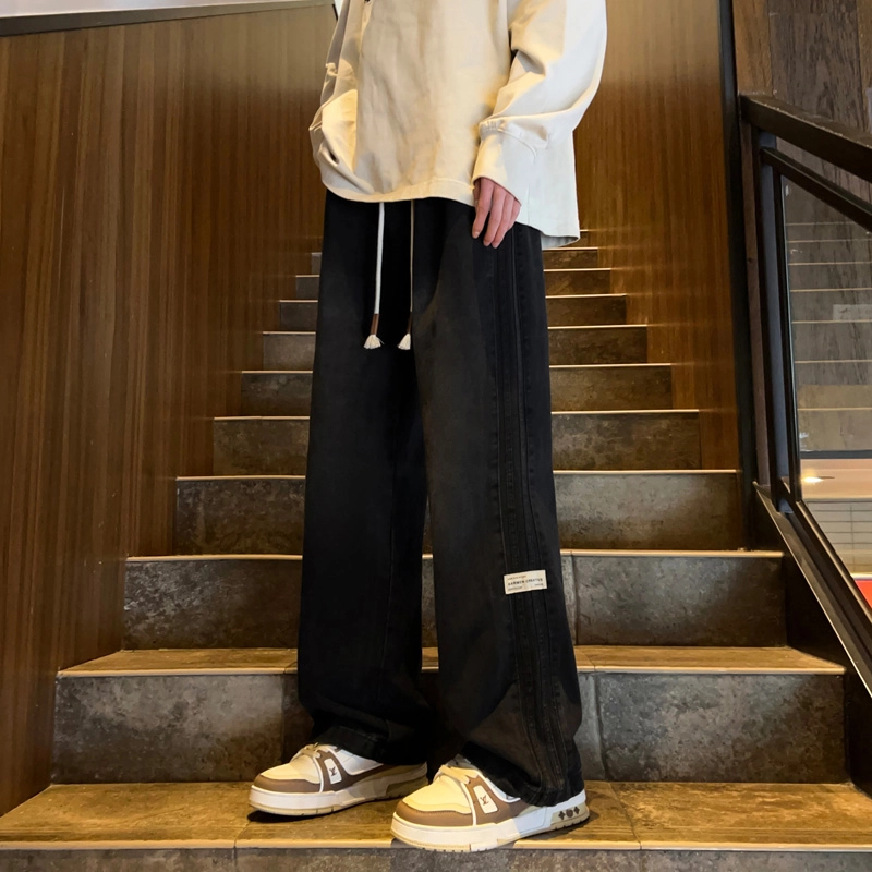 引创 百搭大码牛崽裤男士秋季美式拼接贴直筒裤休闲宽松阔腿裤牛仔裤 男女同款