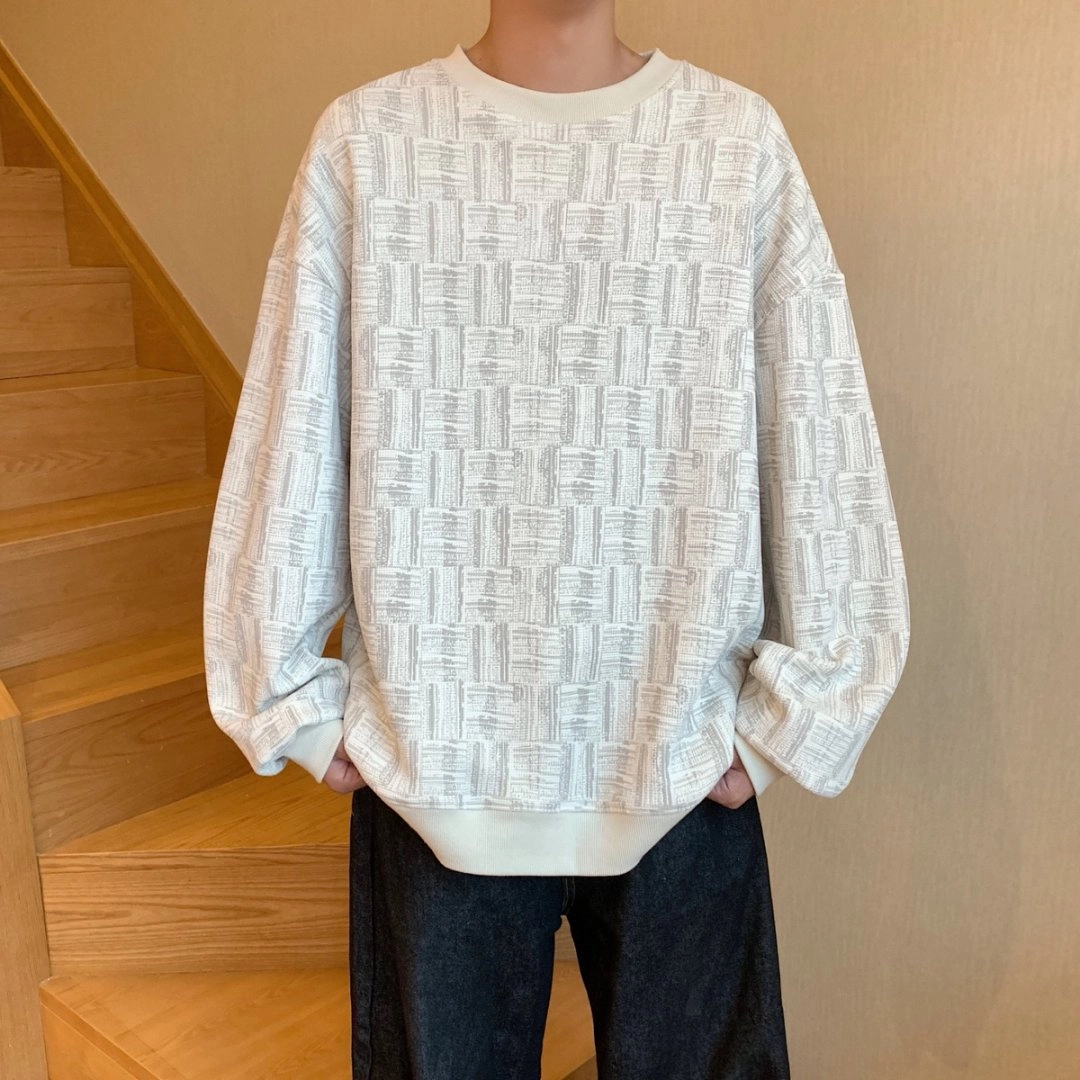 引创 秋季美式几何格子长袖圆领扎染宽松大码潮流欧若精灵风上衣卫衣 男女同款