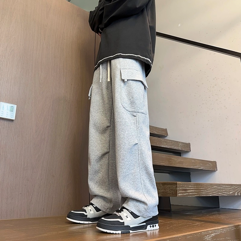 引创 直筒卫裤男生秋季潮牌宽松大口袋工装裤百搭褶皱加长阔腿运动裤子休闲裤 男女同款
