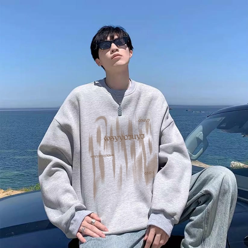 引创 重磅圆领长袖男秋季美式宽松大码无帽打底衫情侣百搭外套潮流卫衣 男女同款