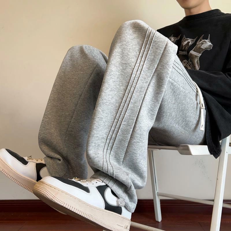 引创 美式褶皱裤子男秋冬季大码百搭潮牌运动直筒阔腿卫裤男休闲裤 男女同款