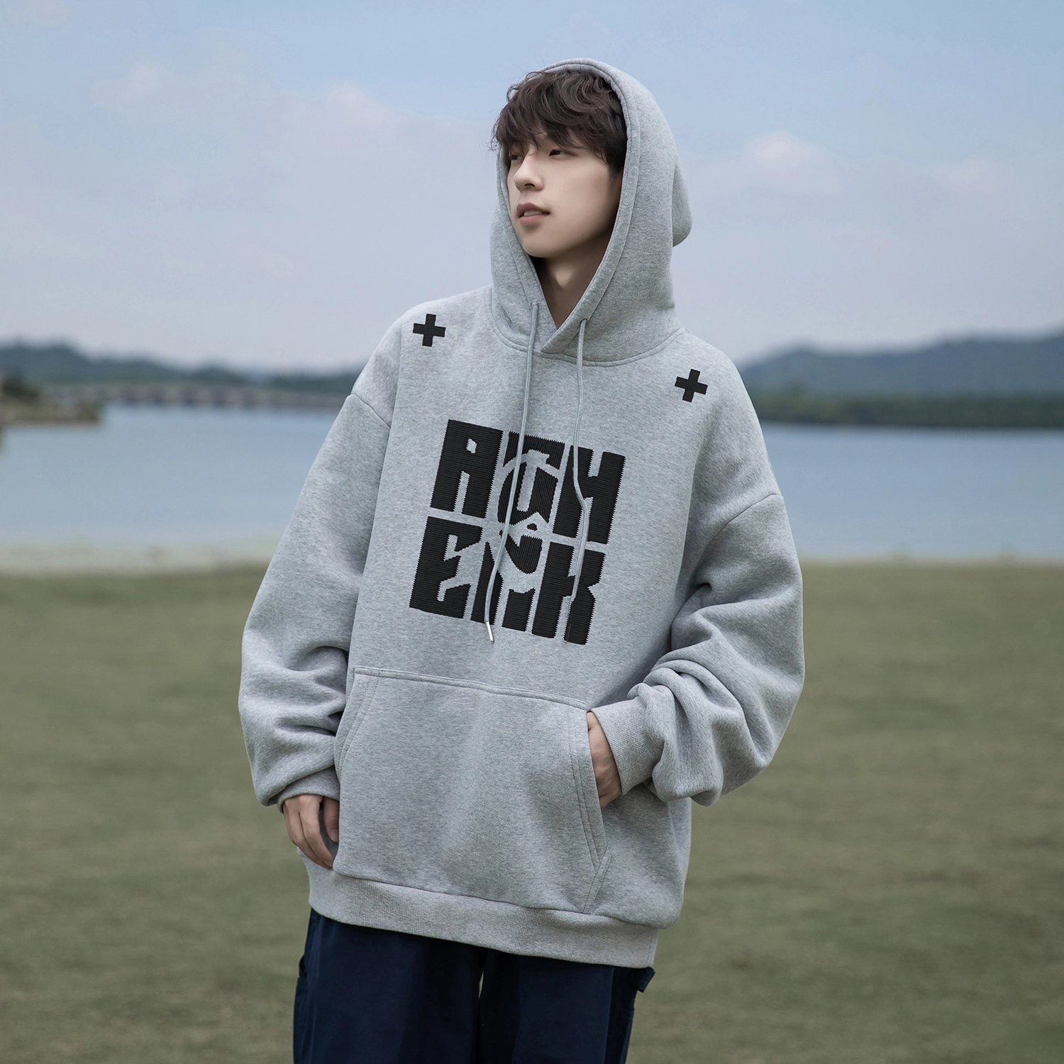 引创 重工刺绣藏肉百搭长袖高街潮牌连帽小众帽衫卫衣 男女同款