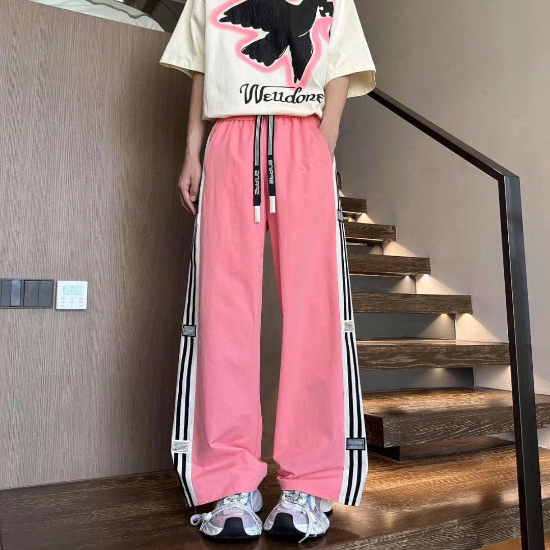 引创 秋季美式裤子男港风条纹直筒男潮牌宽松大码运动加长百搭休闲裤 男女同款