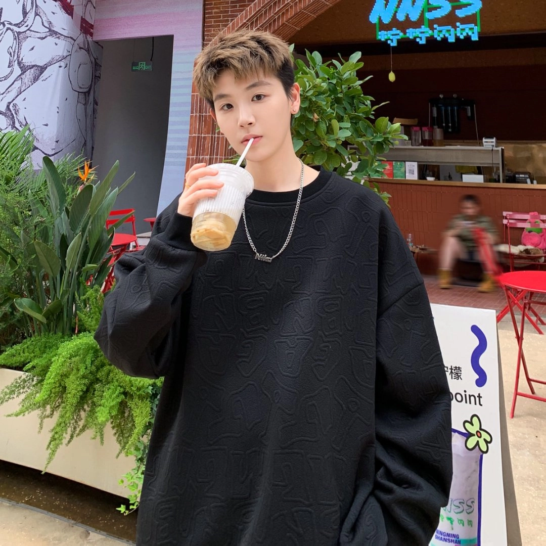 引创 美式重磅肌理感长袖男春秋季潮牌宽松圆领上衣高级感痞帅休闲外套卫衣 男女同款