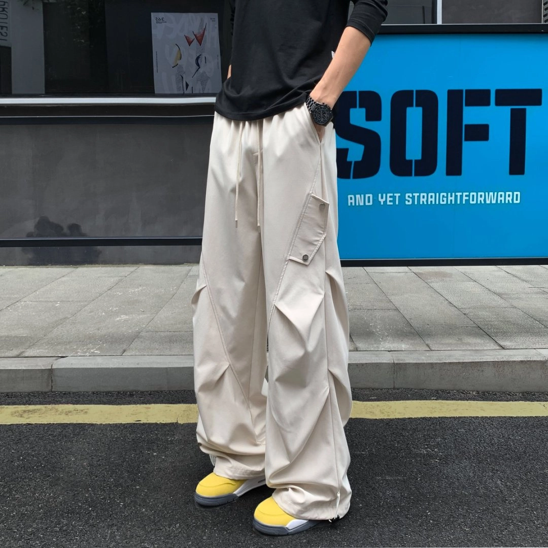引创 秋装设计感褶皱堆积感加长裤男宽松大码工装裤垂感直筒裤百搭长裤子休闲裤 男女同款