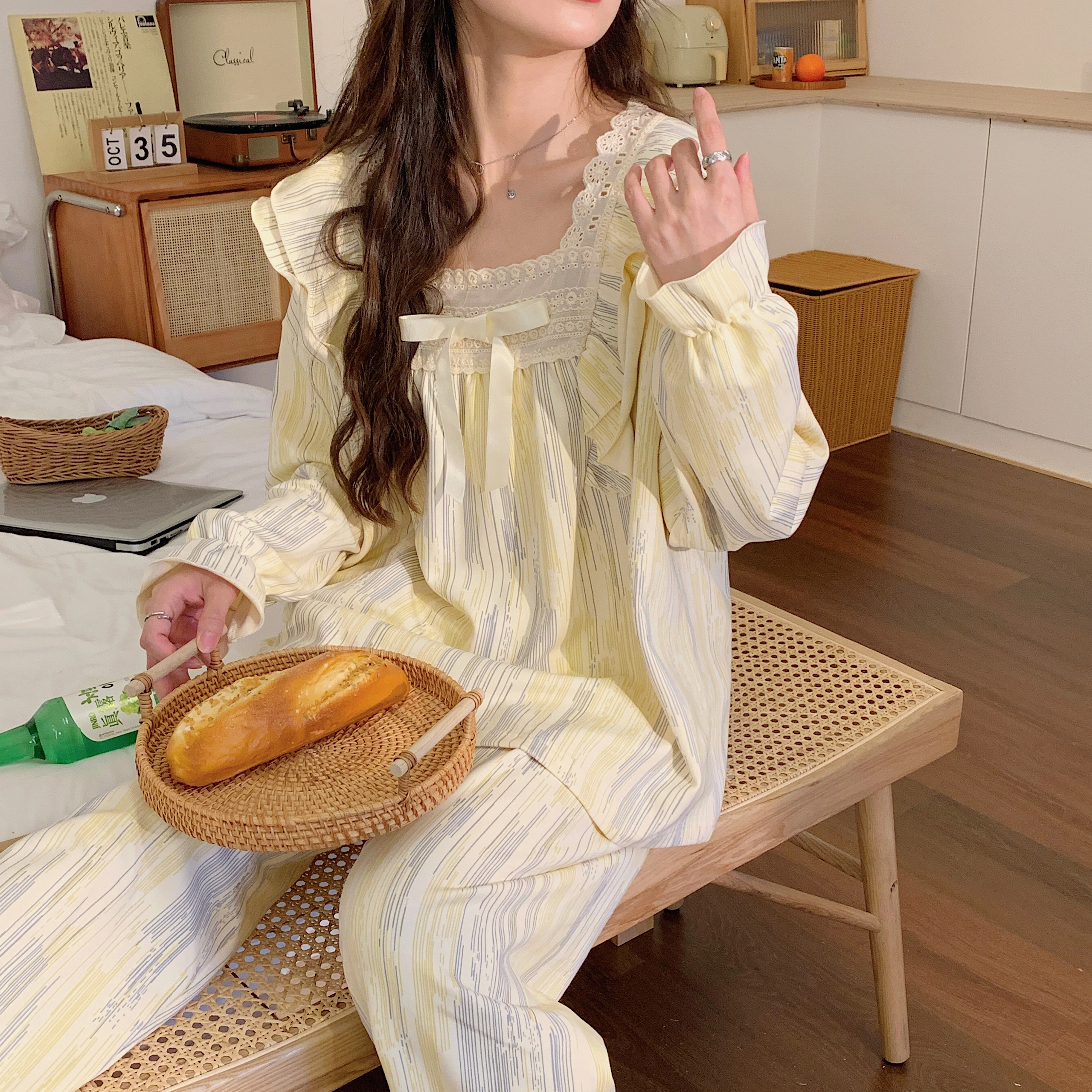 静英鸾 秋季印花蝴蝶结时尚简约风休闲舒适家居服睡衣套装 男女同款
